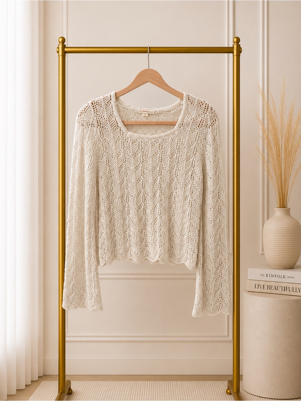 🔴 Light Cream Open-Knit Women's Sweater - Classic Scoop Neck